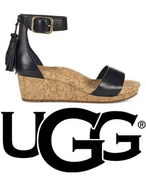 UGG Zoe Black Cork Wedge Sandals with Ankle Strap and Tassel Size 9